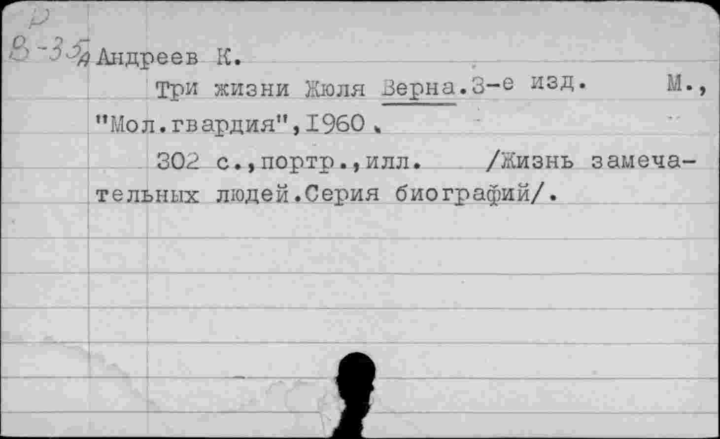 ﻿Андреев К.
Три жизни Жюля Зерна.3-6 изд. М., ”Мо л. гв ардия", 1960 „
302 с.,портр.,илл. /Жизнь замечательных людей.Серия биографий/.